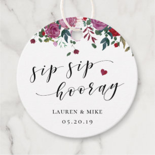 Burgundy Red Floral Sip Sip Hooray Wedding Favour Tags