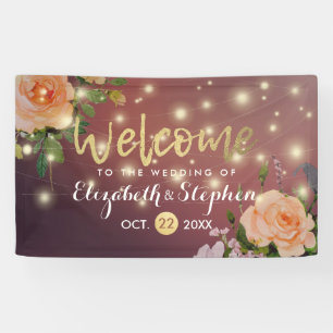 Burgundy Red Floral String Lights Wedding Banner