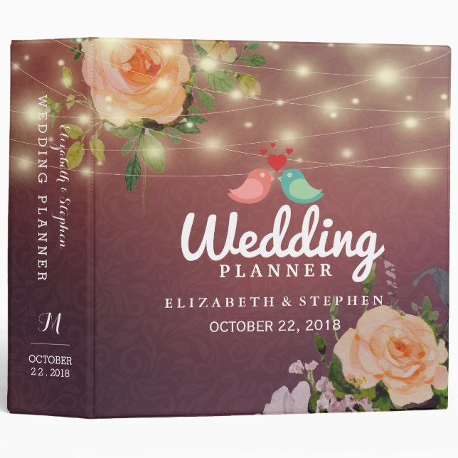 Burgundy Red  Floral String Lights Wedding Planner Binder (Front/Spine)