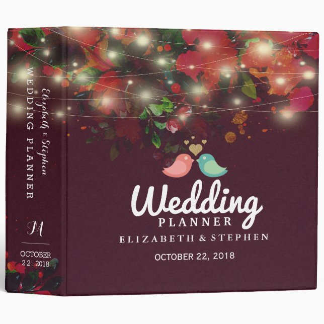 Burgundy Red Floral String Lights Wedding Planner Binder (Front/Spine)