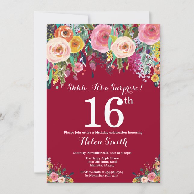Burgundy Red Floral Surprise 16th Birthday Invitation (Front)