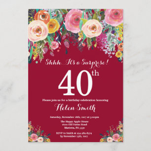 Burgundy Red Floral Surprise 40th Birthday Invitation