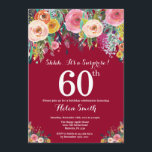 Burgundy Red Floral Surprise 60th Birthday Invitation<br><div class="desc">Burgundy Red Floral Surprise 60th Birthday Invitation for Women. Watercolor Floral Flower. Burgundy Red Background. Pink, Yellow, Orange, Purple Flower. Adult Birthday. 13th 15th 16th 18th 20th 21st 30th 40th 50th 60th 70th 80th 90th 100th, Any Ages. For further customization, please click the "Customize it" button and use our design...</div>