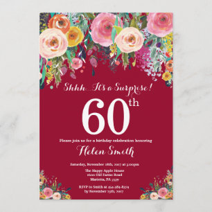 Burgundy Red Floral Surprise 60th Birthday Invitation