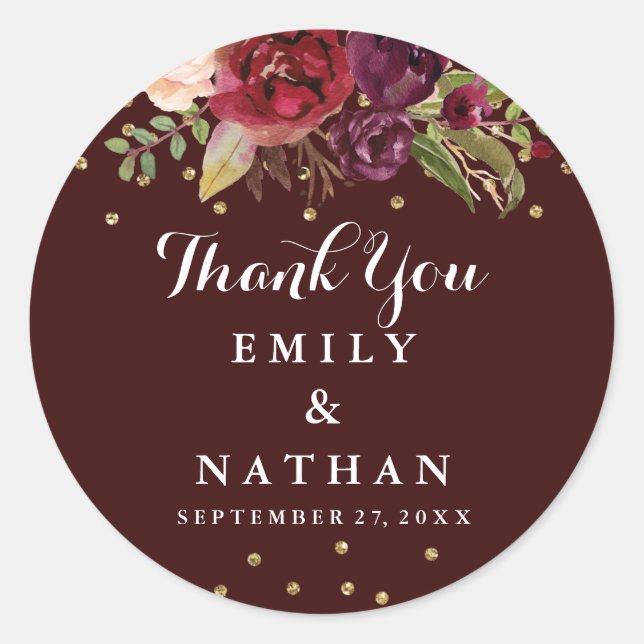 Burgundy Red Floral Thank You Wedding Sticker (Front)