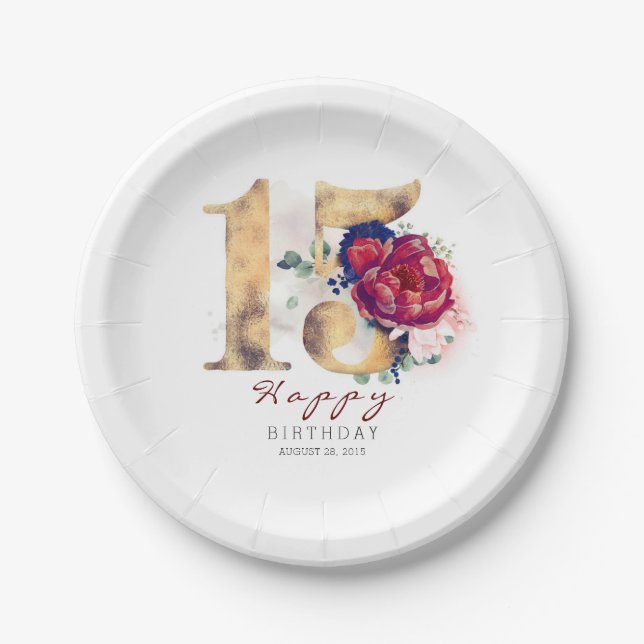 Burgundy Red Floral Typography 15th Birthday Paper Plate (Front)