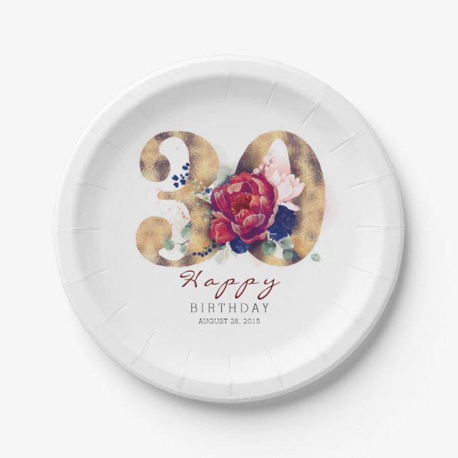 Burgundy Red Floral Typography 30th Birthday Paper Plate (Front)