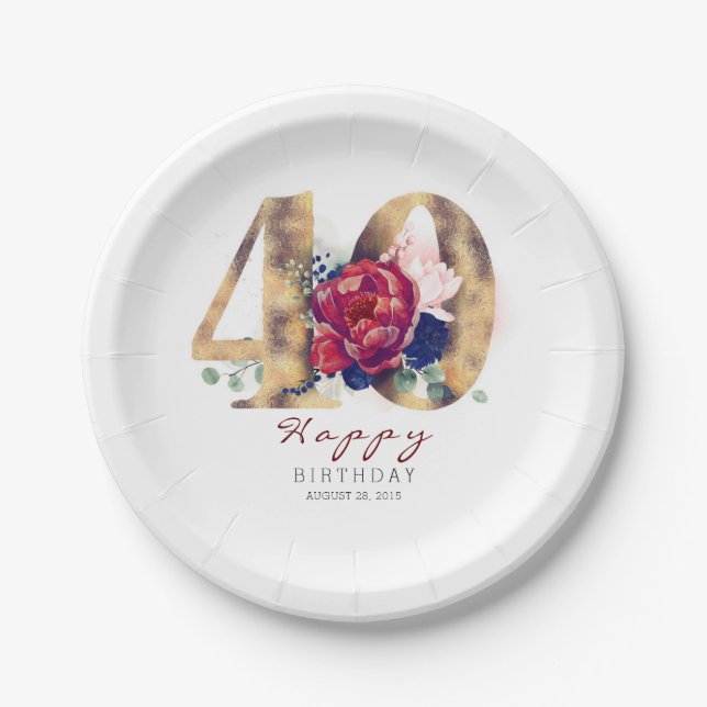 Burgundy Red Floral Typography 40th Birthday Paper Plate (Front)