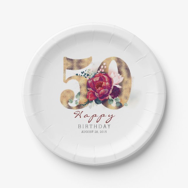 Burgundy Red Floral Typography 50th Birthday Paper Plate (Front)