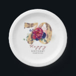 Burgundy Red Floral Typography 70th Birthday Paper Plate<br><div class="desc">Burgundy red flowers gold glitter numbers birthday paper plates</div>