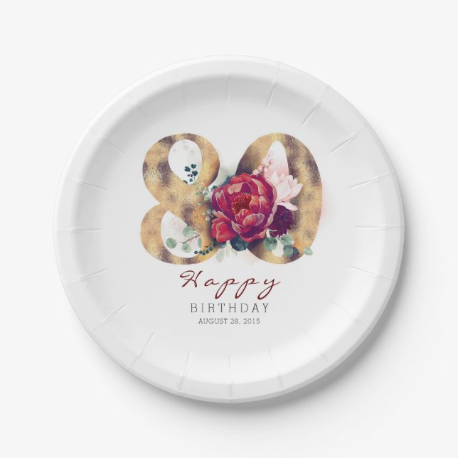 Burgundy Red Floral Typography 80th Birthday Paper Plate (Front)