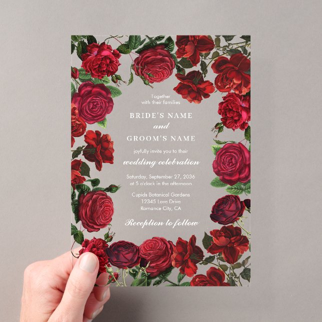Burgundy Red Floral Watercolor Roses Wedding  Acrylic Invitations (Insitu (Handheld))