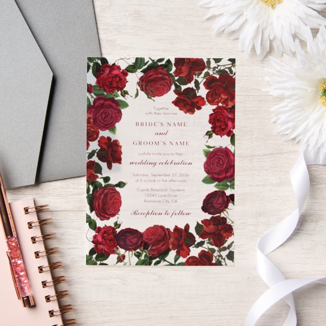 Burgundy Red Floral Watercolor Roses Wedding  Vellum Invitations (Wedding)