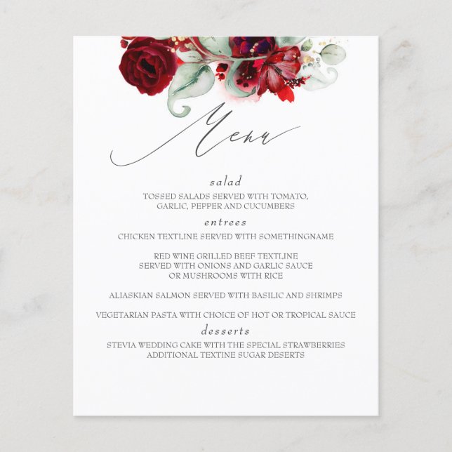 Burgundy Red Floral Wedding Menu (Front)