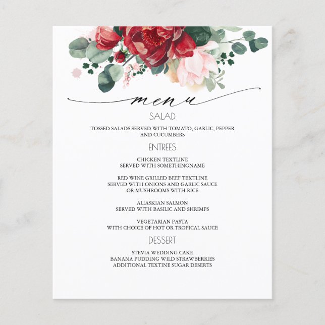 Burgundy Red Floral Wedding Menu (Front)