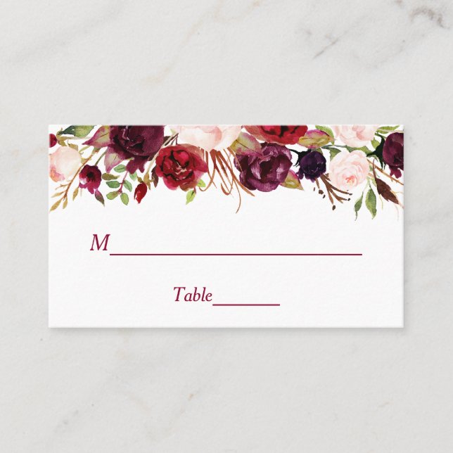 Burgundy Red Floral Wedding Place Escort Card (Front)