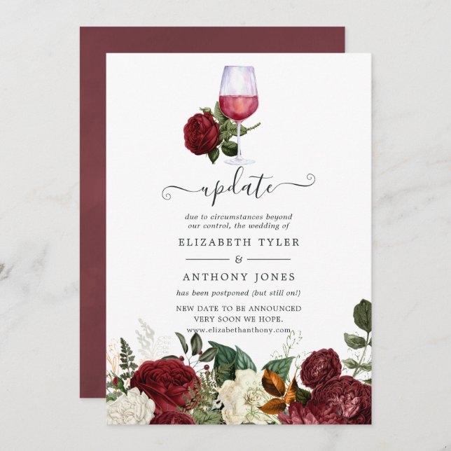 Burgundy Red Floral Wine Tasting Wedding Update Invitation (Front/Back)