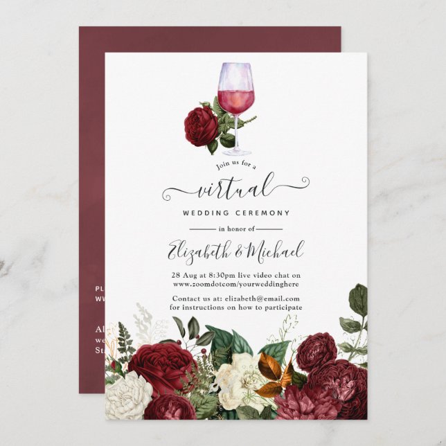 Burgundy Red Floral Wine themed Virtual Wedding Invitation (Front/Back)