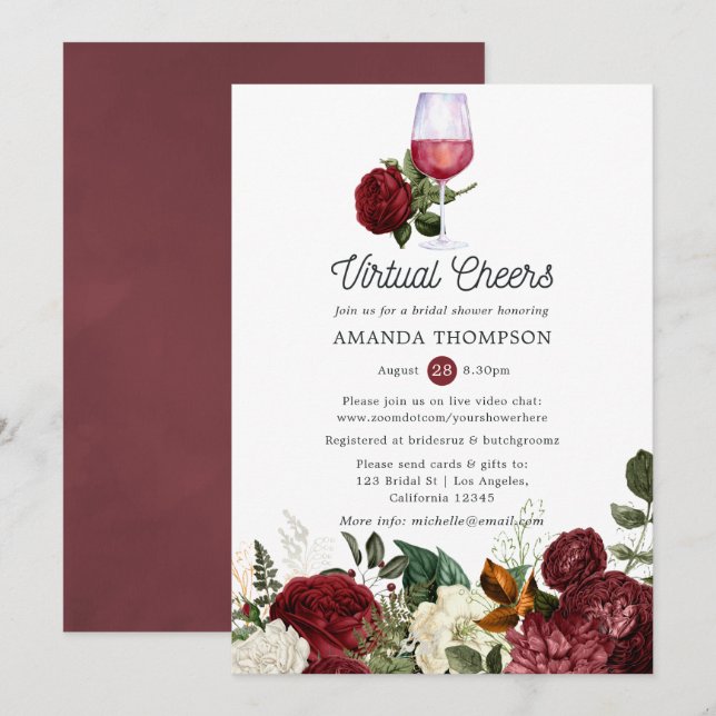 Burgundy Red Floral Wine Virtual Bridal Shower Invitation (Front/Back)
