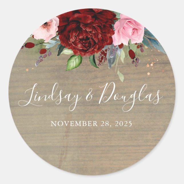 Burgundy Red Florals Rustic Wedding Classic Round Sticker (Front)