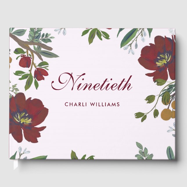 Burgundy Red Flowers 90th Birthday Guest Book (Front)