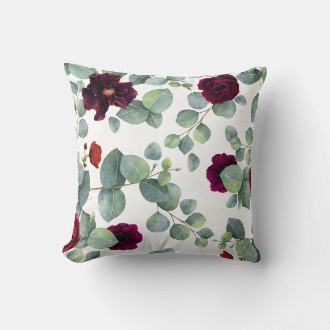 Burgundy Red Flowers and Eucalyptus Greenery Throw Pillow (Front)
