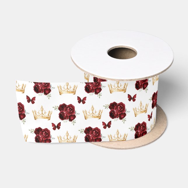 Burgundy Red Flowers and Gold Crowns Satin Ribbon (Spool)