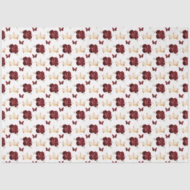 Burgundy Red Flowers and Gold Crowns Tissue Paper (Front)