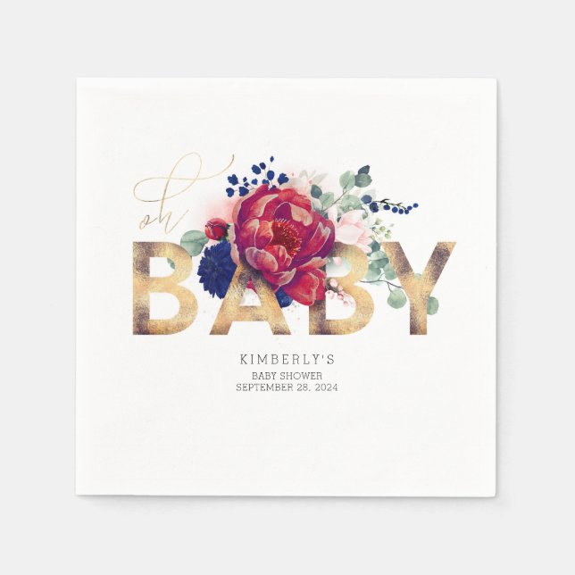 Burgundy Red Flowers and Gold Typography Napkin (Front)