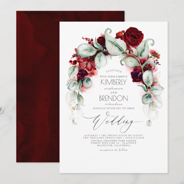 Burgundy Red Flowers and Greenery Elegant Wedding Invitation (Front/Back)