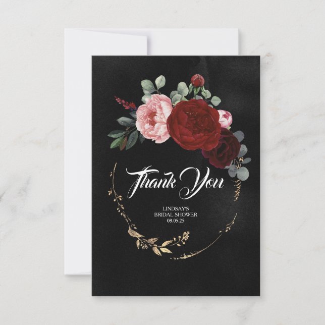 Burgundy Red Flowers Black Thank You Card (Front)