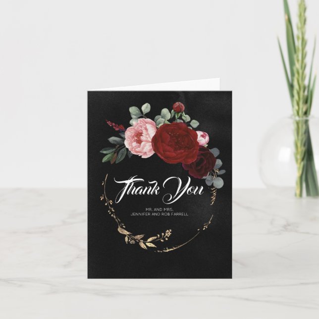Burgundy Red Flowers Black Wedding Thank You (Front)
