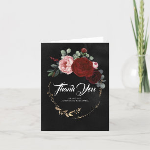 Burgundy Red Flowers Black Wedding Thank You Card