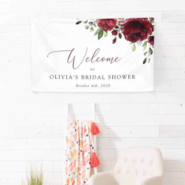 Burgundy Red Flowers, Boho, Bridal Shower Welcome Banner (Insitu)