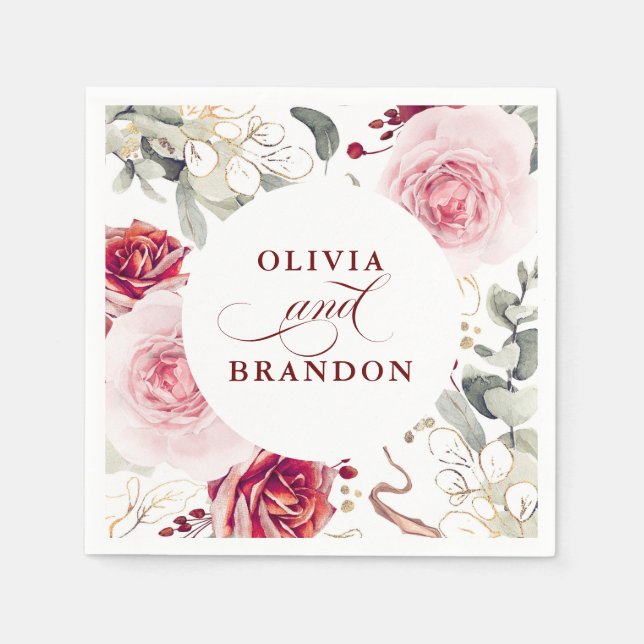 Burgundy Red Flowers Elegant Boho Wedding Napkin (Front)
