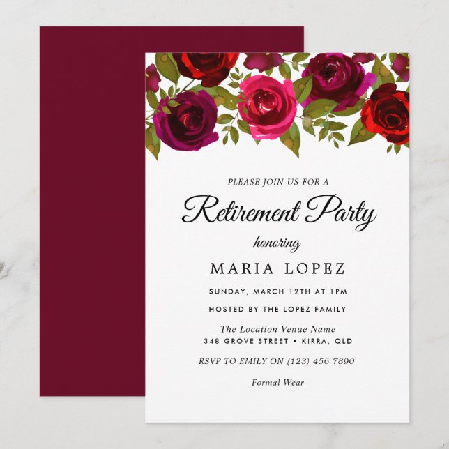 Burgundy Red Flowers Elegant Retirement Party Invitation (Front/Back)