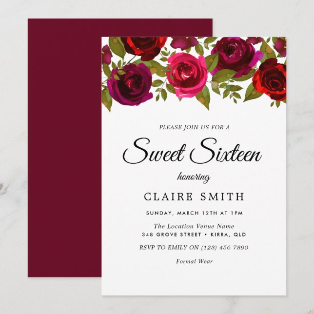 Burgundy Red Flowers Elegant Sweet 16 Invite (Front/Back)