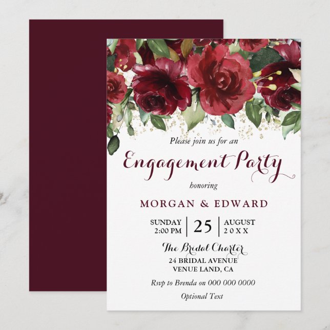 Burgundy Red Flowers Gold Glitter Engagement Party Invitation (Front/Back)
