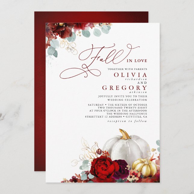 Burgundy Red Flowers Gold Pumpkins Fall Wedding In Invitation (Front/Back)