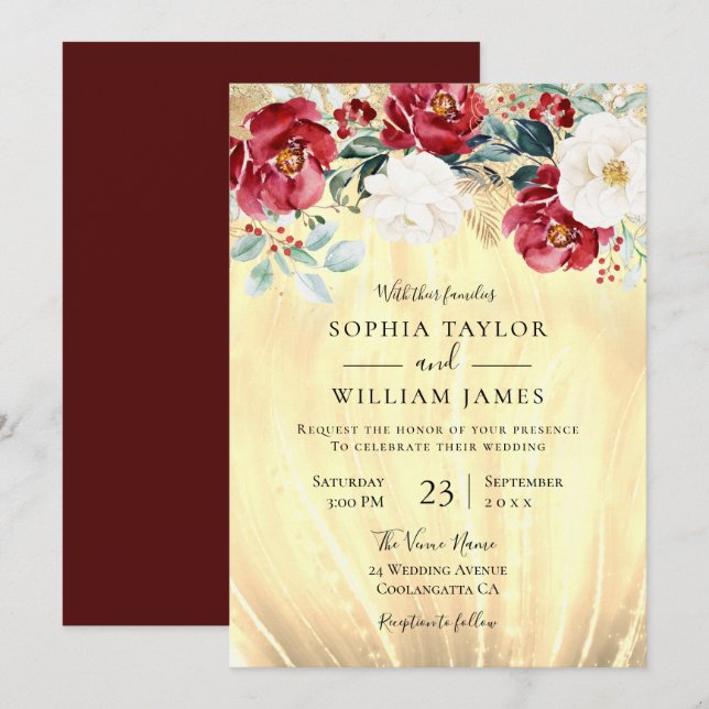 Burgundy Red Flowers Golden Glitter Wedding Invitation (Front/Back)