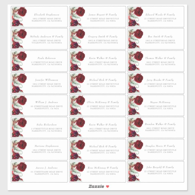 Burgundy Red Flowers Guest Name Address Labels (Sheet)
