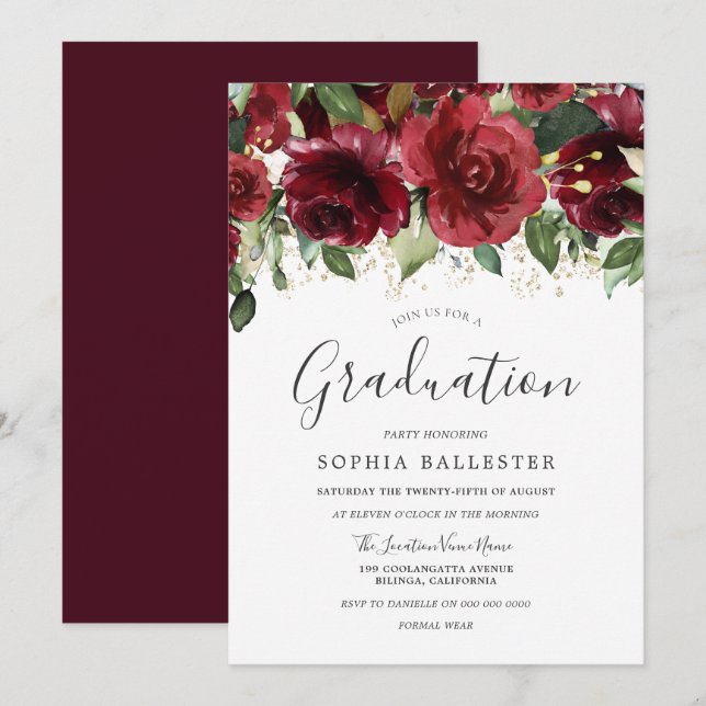 Burgundy Red Flowers High School Graduation Party Invitation (Front/Back)