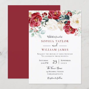 Burgundy Red Flowers Holiday Wedding Invitation