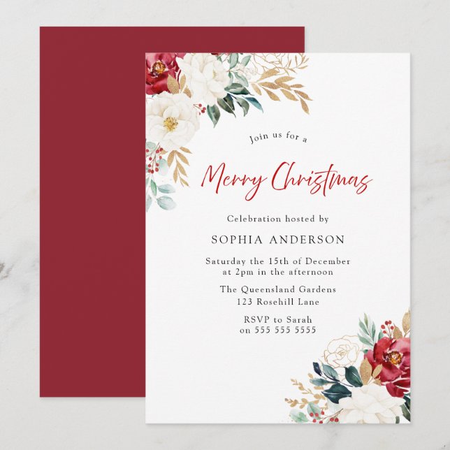 Burgundy Red Flowers Merry Christmas Party Invitation (Front/Back)