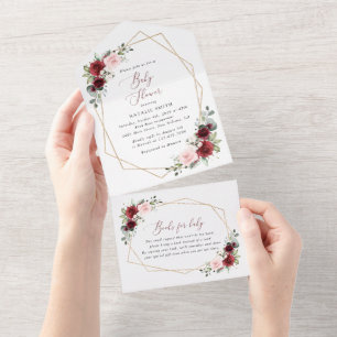 Burgundy Red Flowers, Pink Flowers, Baby Shower All In One Invitation