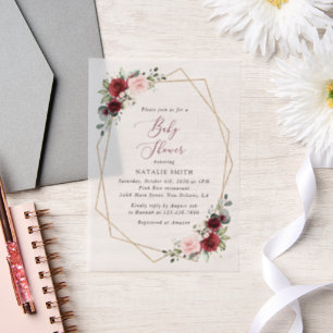 Burgundy Red Flowers, Pink Flowers, Baby Shower Vellum Invitations
