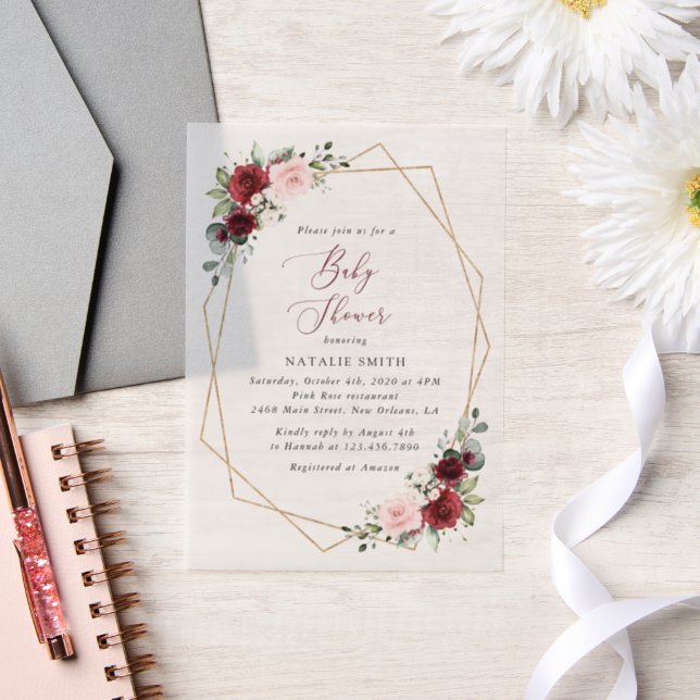 Burgundy Red Flowers, Pink Flowers, Baby Shower Vellum Invitations (Wedding)