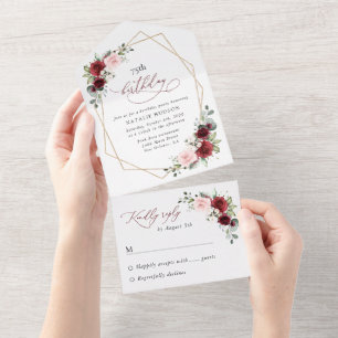 Burgundy Red Flowers, Pink Flowers, Birthday All In One Invitation
