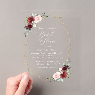 Burgundy Red Flowers, Pink Flowers, Bridal Shower Acrylic Invitations