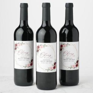Burgundy Red Flowers, Pink Flowers, Bridal Shower Wine Label